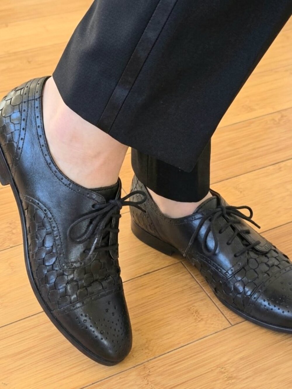 Black Oxford Leather Flats Woven Basketweave Brogue Wingtips Made in Brazil 7